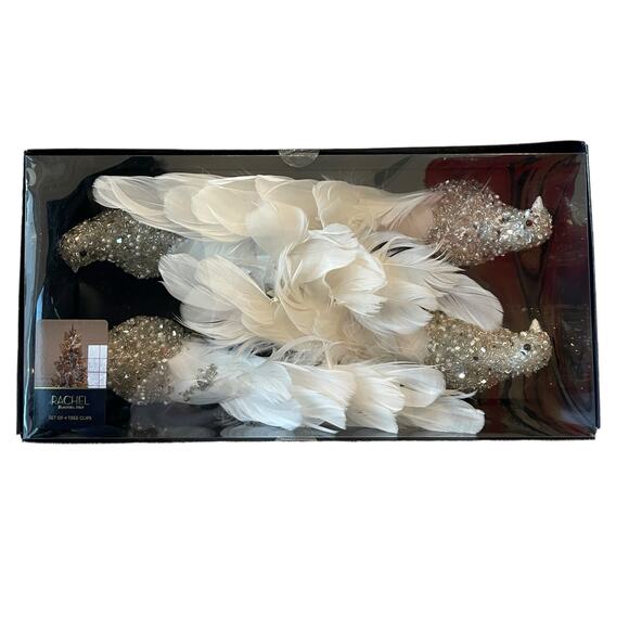 Rachel Roy Feathered Bird Tree Clips Set of 4 Cream Silver Beaded Holiday Glam